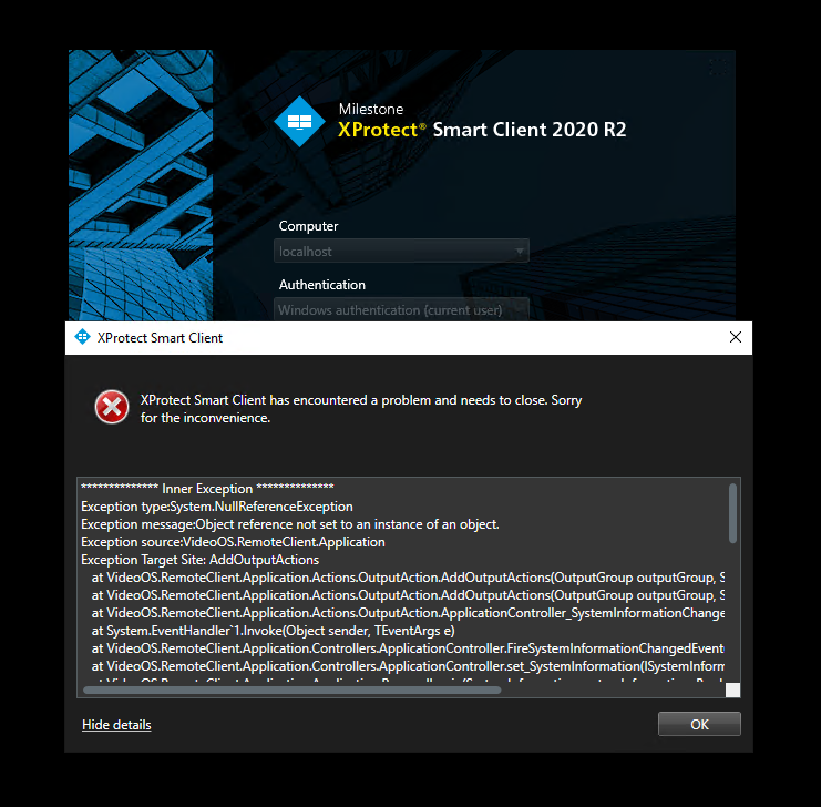 Error 'XProtect Smart Client has encountered a problem and needs to